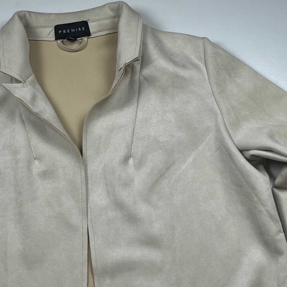 Premise Faux Suede Open Front Jacket Beige Size L Patch Pockets Unlined Blazer